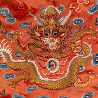 Two Chinese Red Ground Embroidered Silk Robes, 19th Century 清晚期 紅緞地袍褂兩件