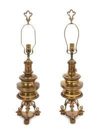A Pair of Neoclassical Engraved Brass Table Lamps
