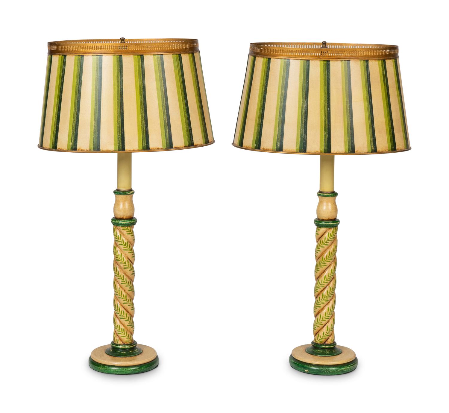A Pair of Painted Wood Candlestick-form Table Lamps — 20TH CENTURY