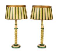 A Pair of Painted Wood Candlestick-form Table Lamps — 20TH CENTURY