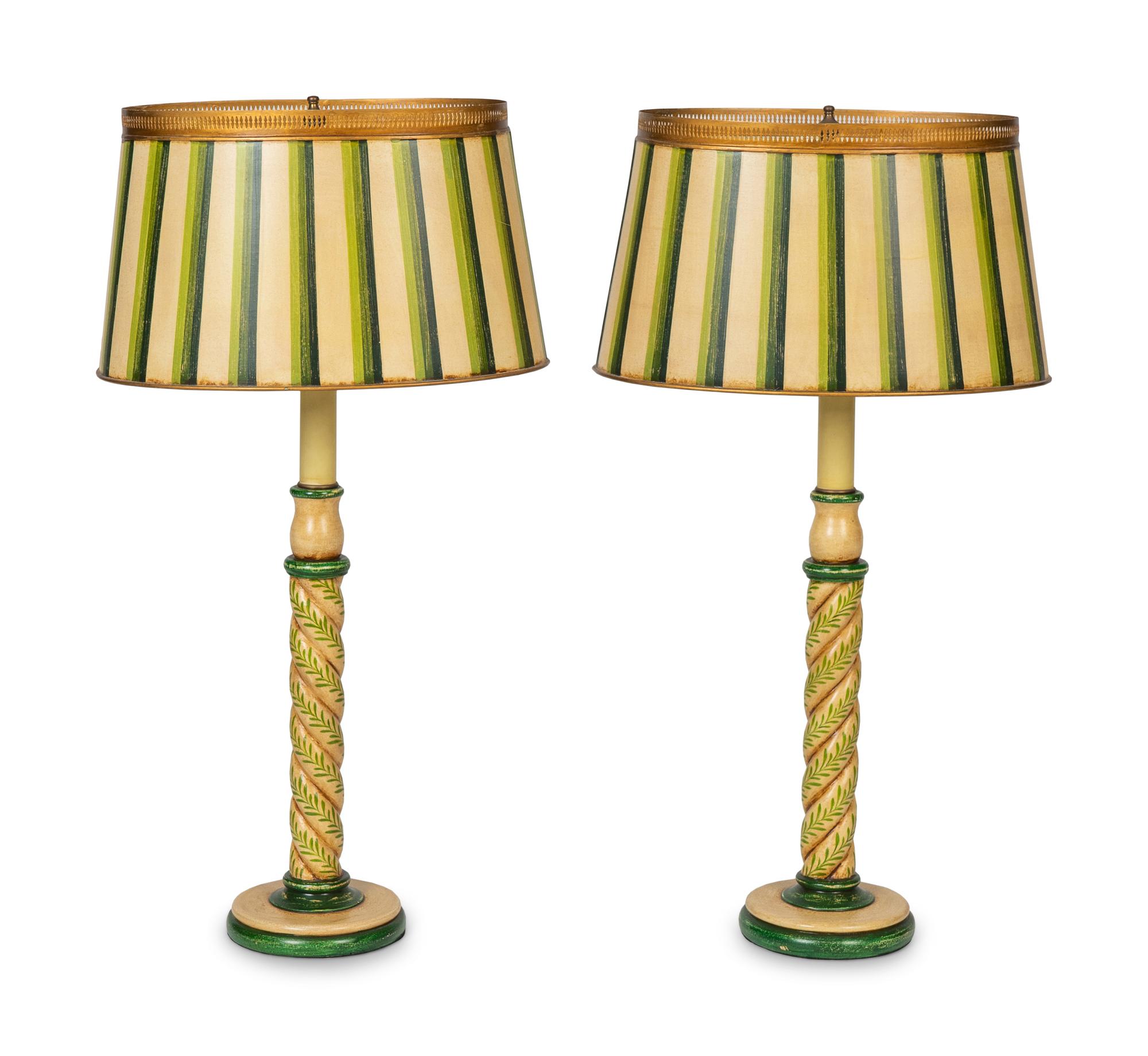 A Pair of Painted Wood Candlestick-form Table Lamps — 20TH CENTURY