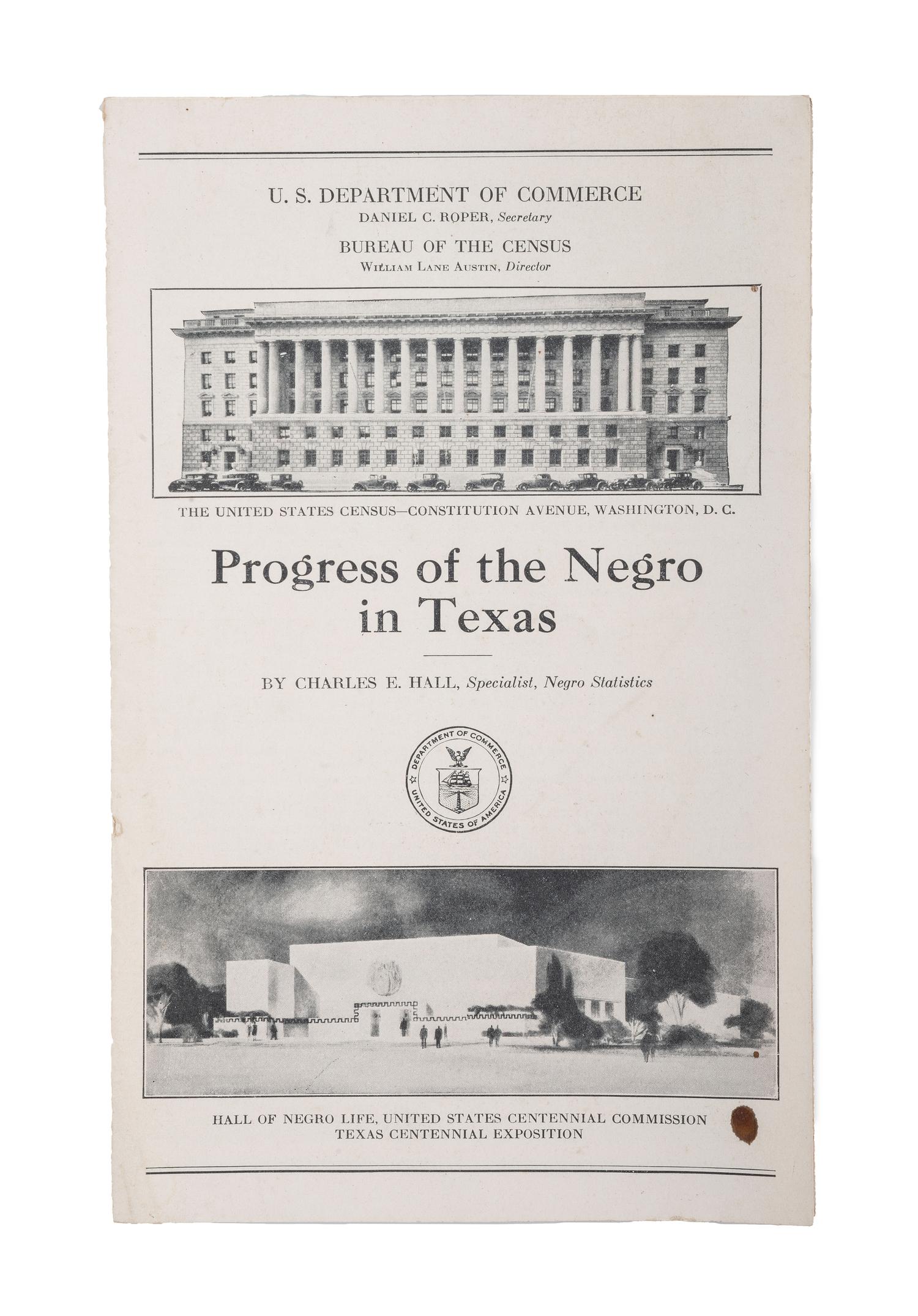 [CIVIL RIGHTS]. HALL, Charles E. (1868-1969). Progress of the Negro in Texas. [Washington, D.C.]: U.S. Government Printing Office, [1936].