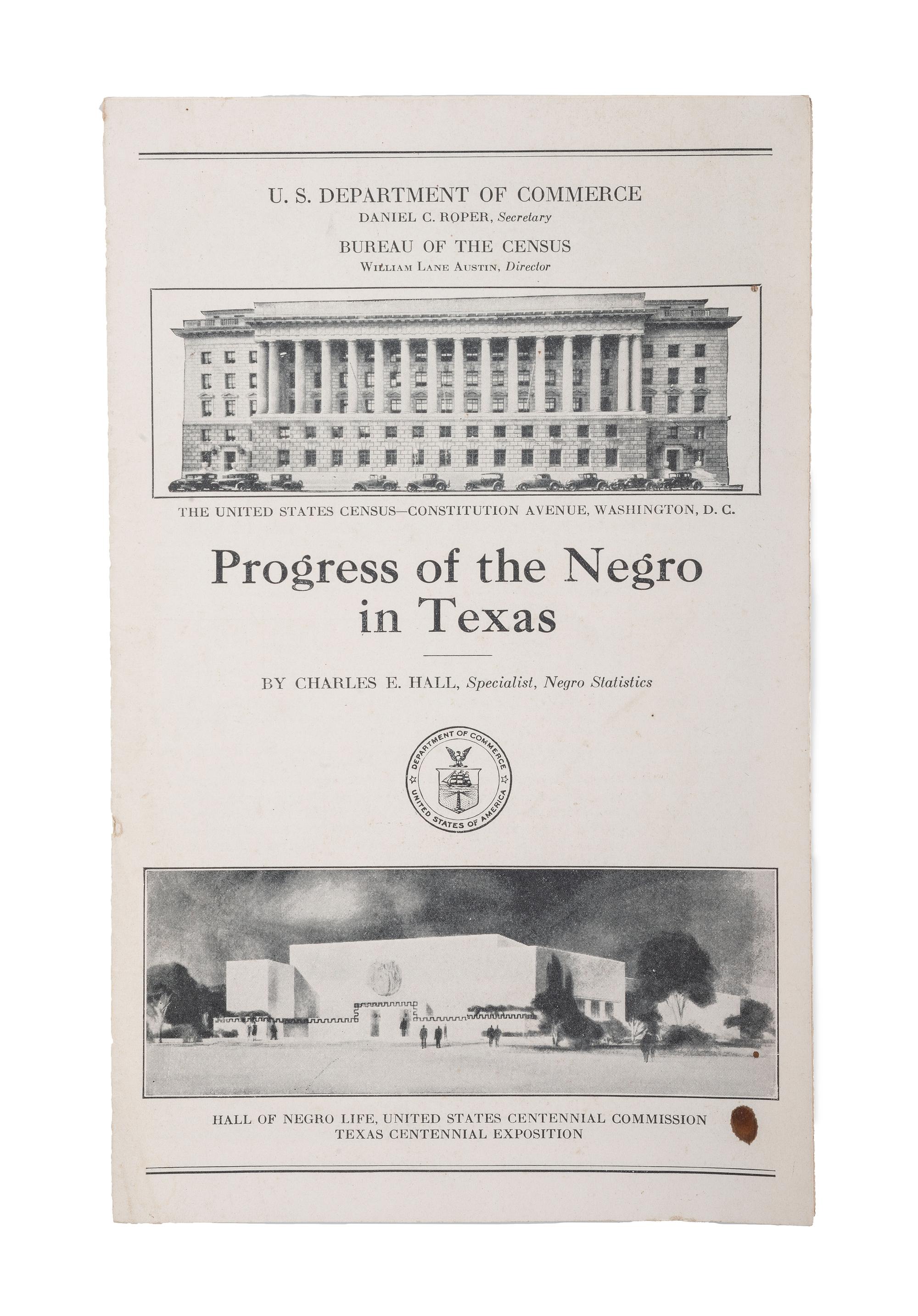 [CIVIL RIGHTS]. HALL, Charles E. (1868-1969). Progress of the Negro in Texas. [Washington, D.C.]: U.S. Government Printing Office, [1936].