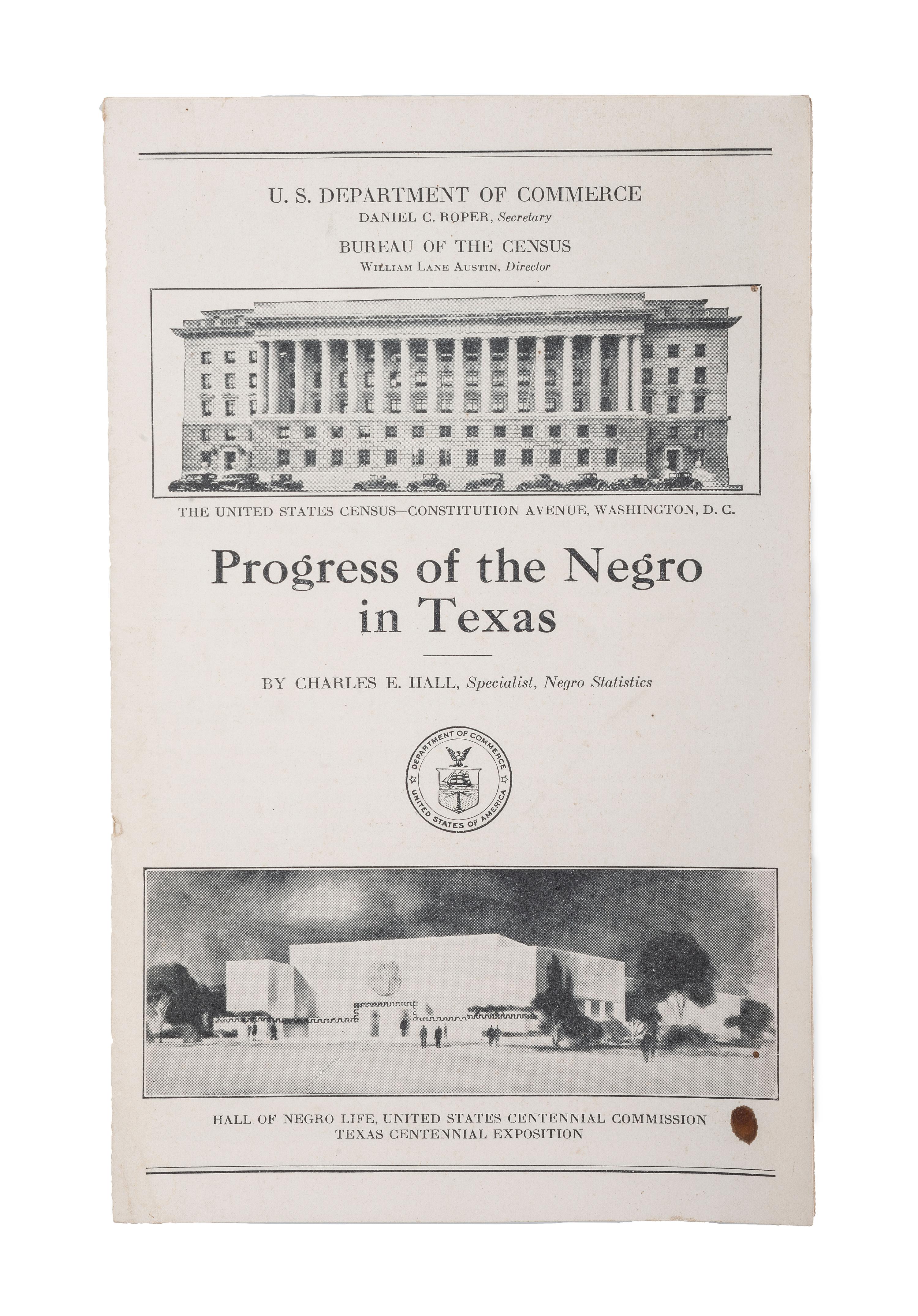 [CIVIL RIGHTS]. HALL, Charles E. (1868-1969). Progress of the Negro in Texas. [Washington, D.C.]: U.S. Government Printing Office, [1936].