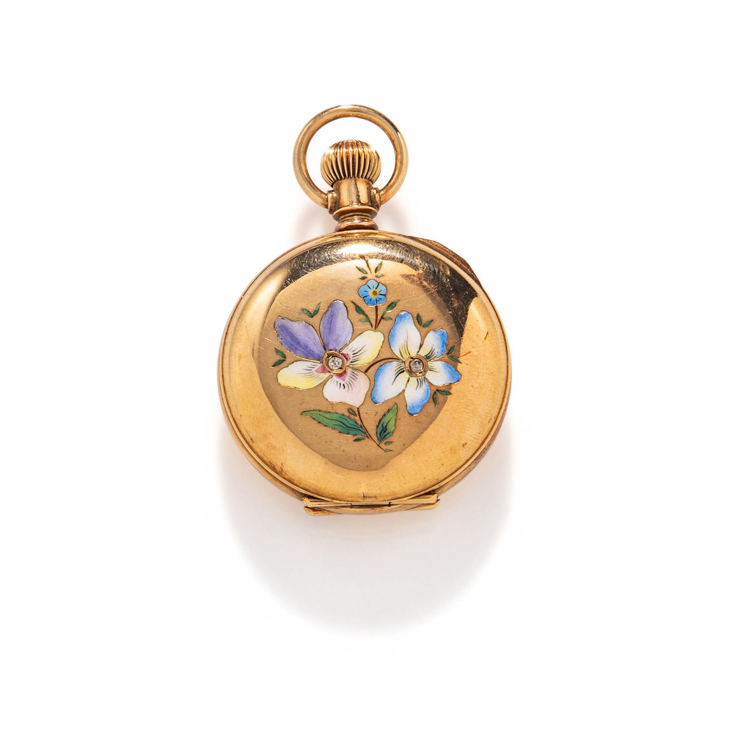 C.D. PEACOCK, VICTORIAN, ENAMEL, DIAMOND, AND YELLOW GOLD PENDANT WATCH