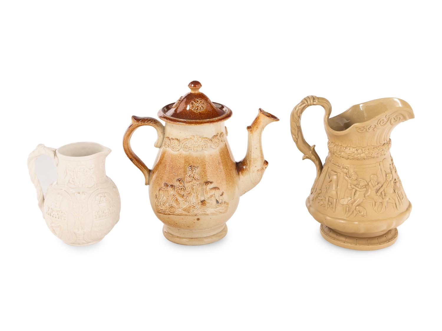 Two English Salt-Glazed Earthenware Jugs and an Eccleshill Stoneware Coffee Pot