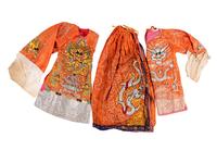 Two Chinese Orange Ground Embroidered Silk Theatrical Robes and A Cape