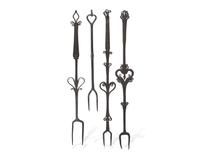 A Group of Four Wrought Iron or Steel Roasting Forks, Probably French or Flemish, 18th Century
