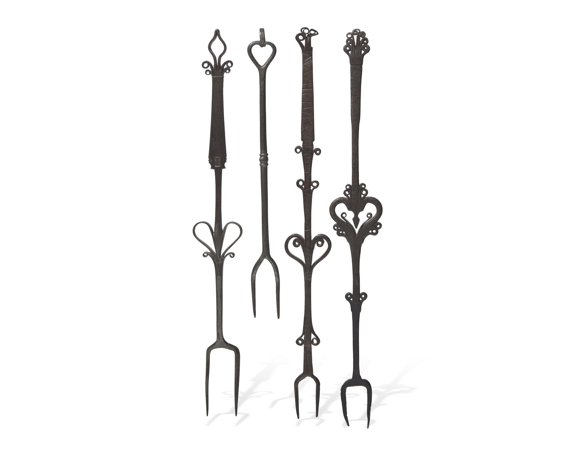 A Group of Four Wrought Iron or Steel Roasting Forks, Probably French or Flemish, 18th Century