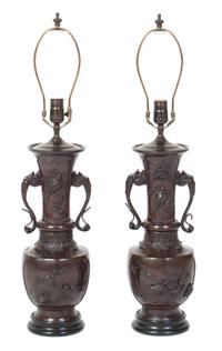 A Pair of Japanese Bronze Table Lamps Height overall 31 inches. — LATE 19TH/EARLY 20TH CENTURY