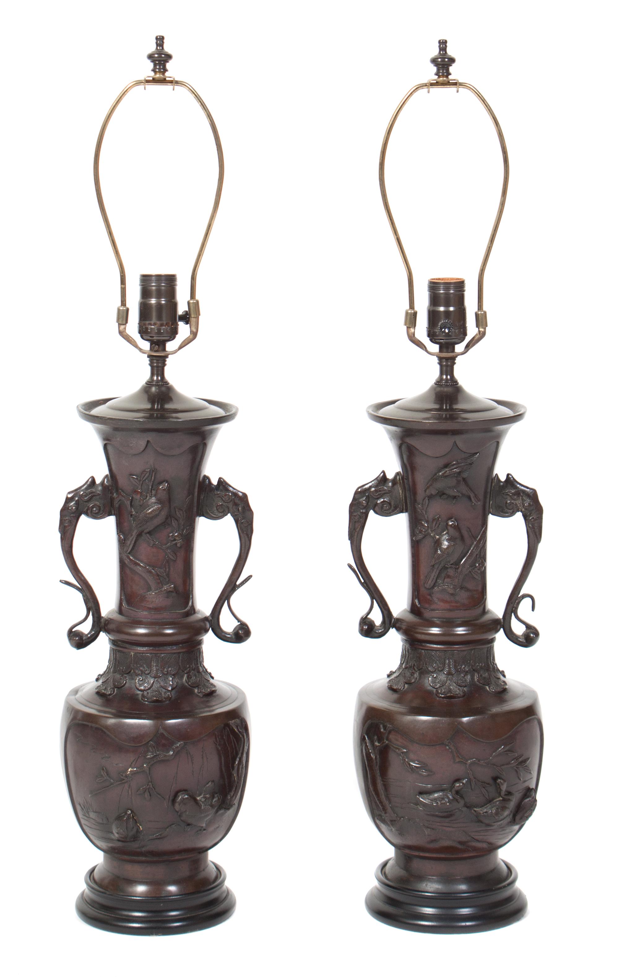 A Pair of Japanese Bronze Table Lamps Height overall 31 inches. — LATE 19TH/EARLY 20TH CENTURY