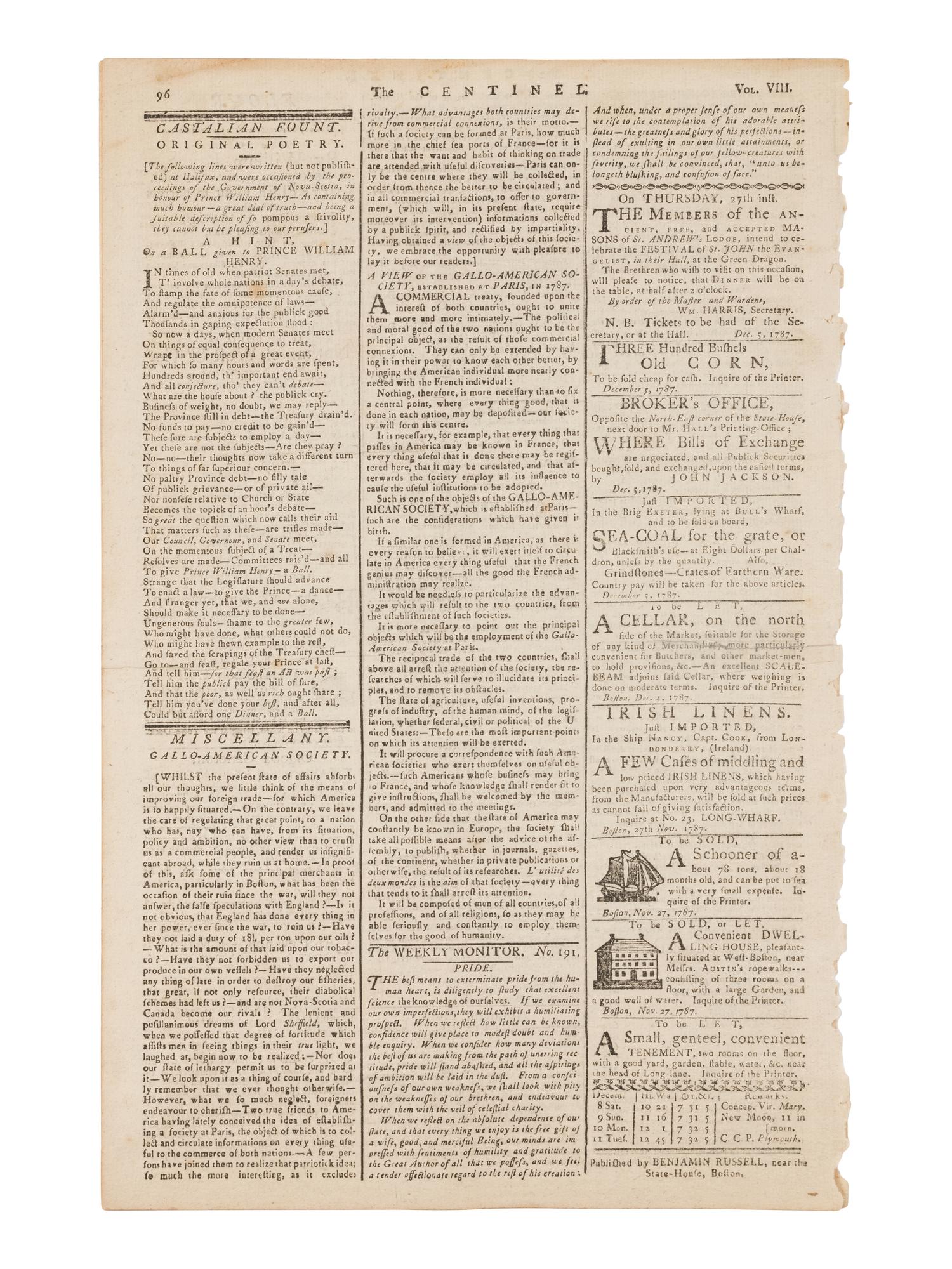 [NEWSPAPER]. The Massachusetts Centinel . Volume 8, No. 24. Boston: Benjamin Russell, Saturday, December 8, 1787.
