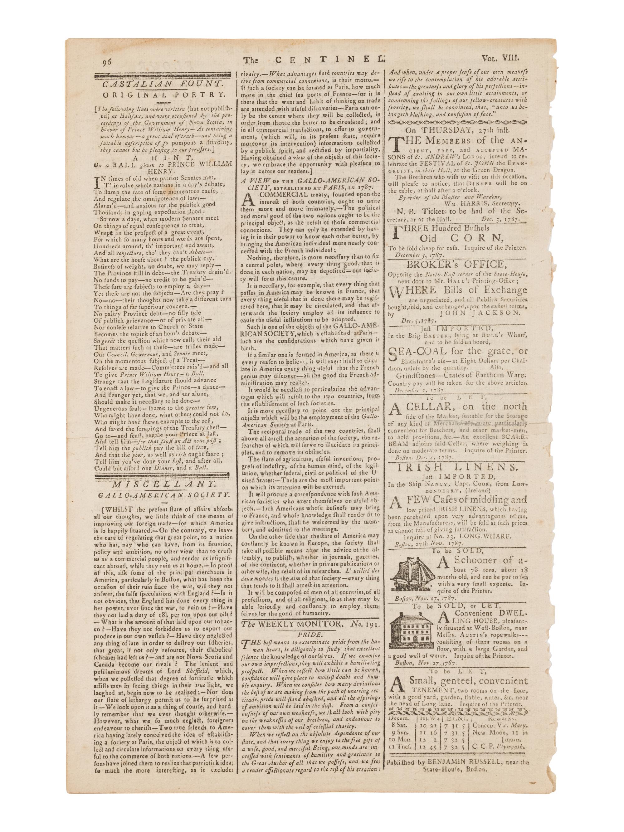[NEWSPAPER]. The Massachusetts Centinel . Volume 8, No. 24. Boston: Benjamin Russell, Saturday, December 8, 1787.