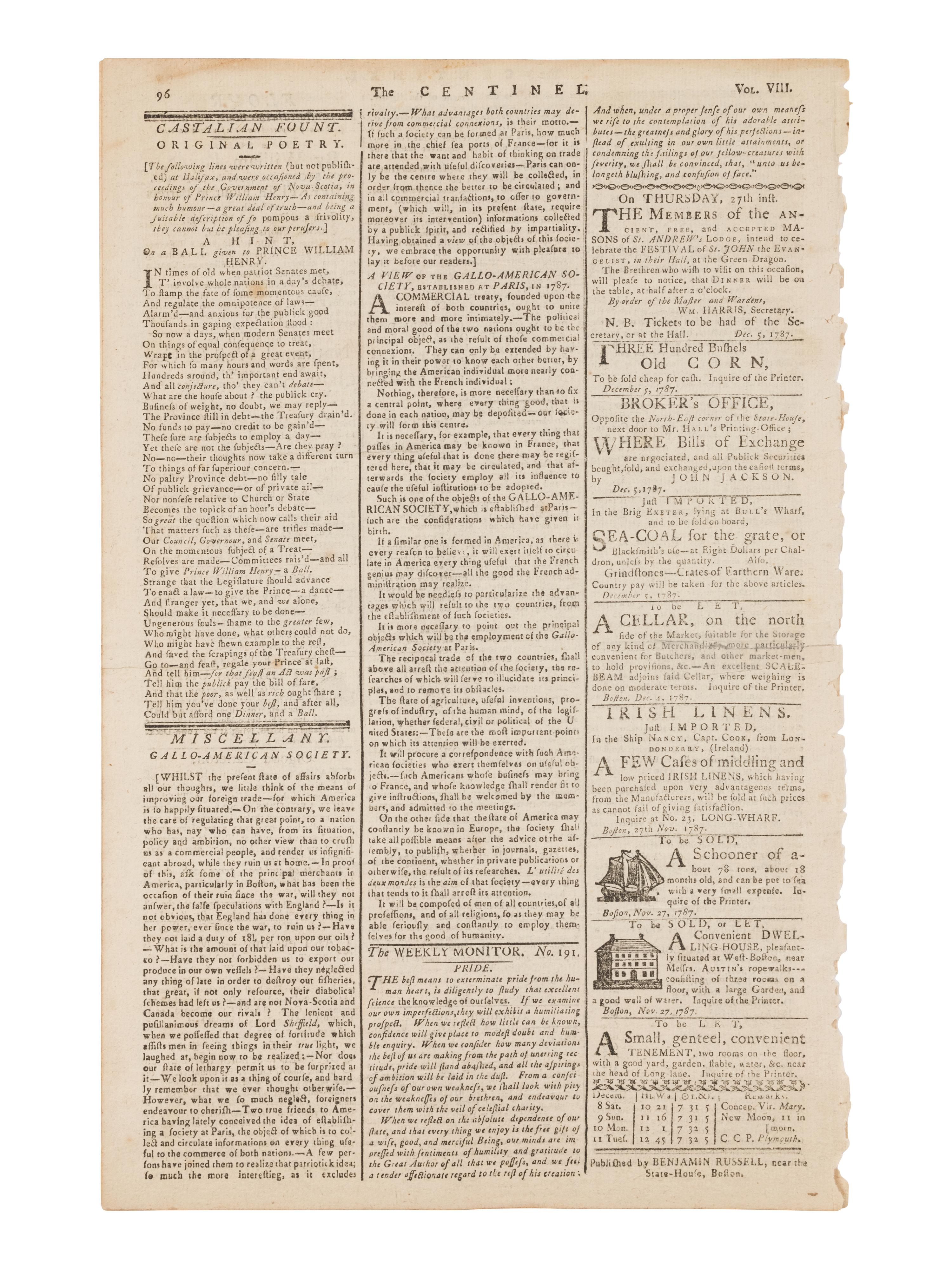 [NEWSPAPER]. The Massachusetts Centinel . Volume 8, No. 24. Boston: Benjamin Russell, Saturday, December 8, 1787.