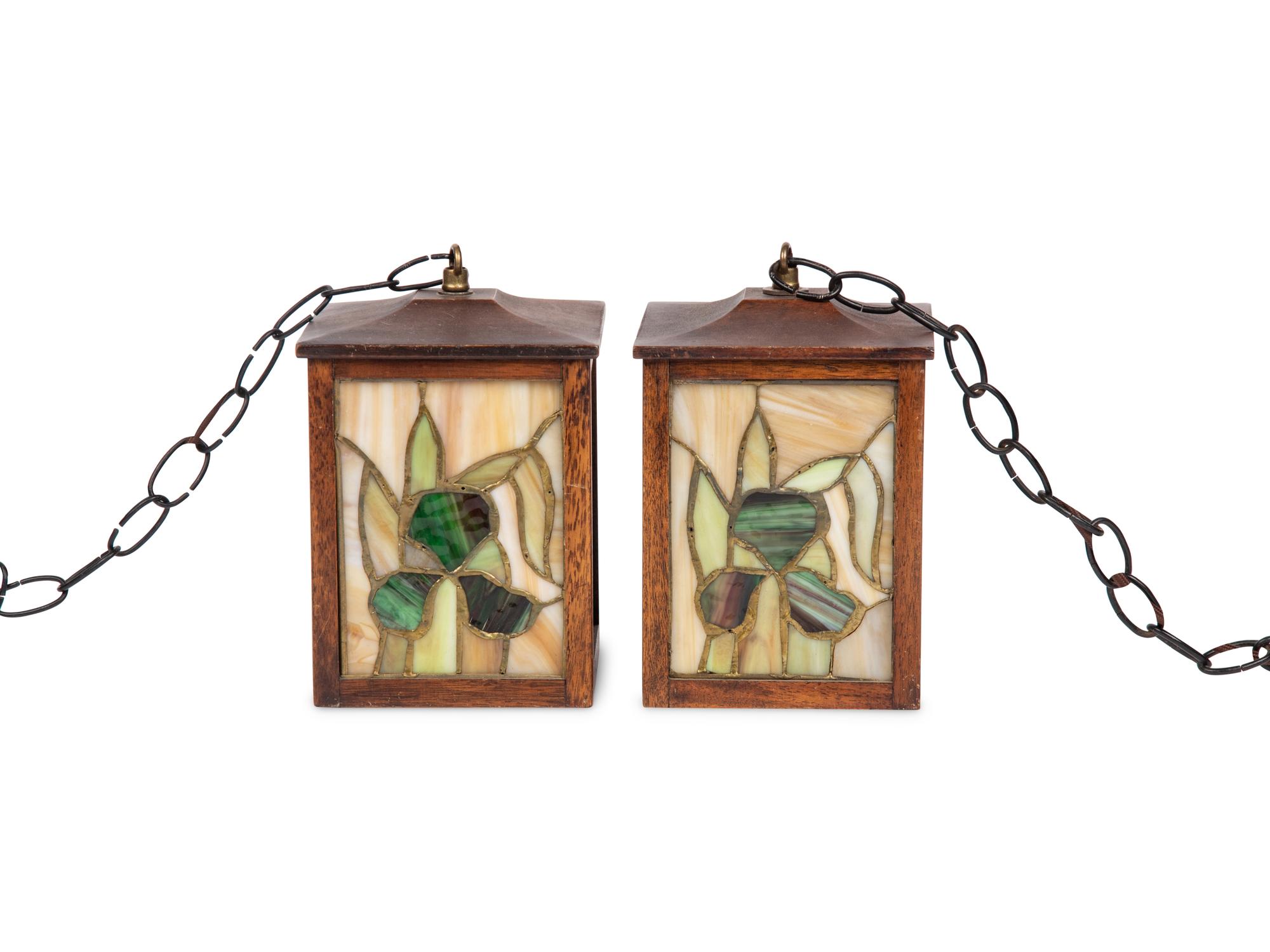 A Pair of Arts and Crafts Style Leaded Glass Pendant Lights