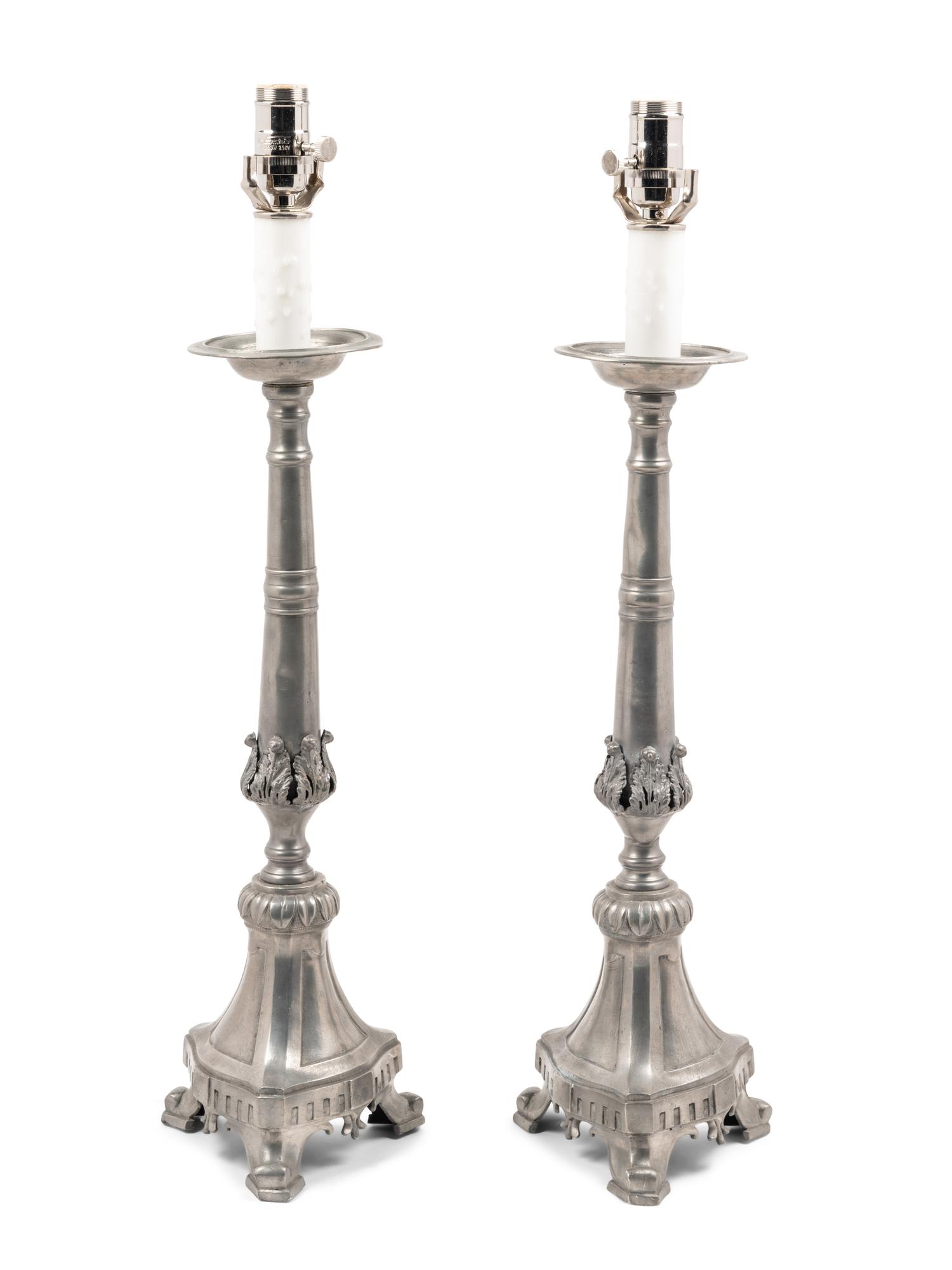 A Pair of Continental Pewter Prickets Mounted as Lamps