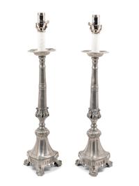A Pair of Continental Pewter Prickets Mounted as Lamps