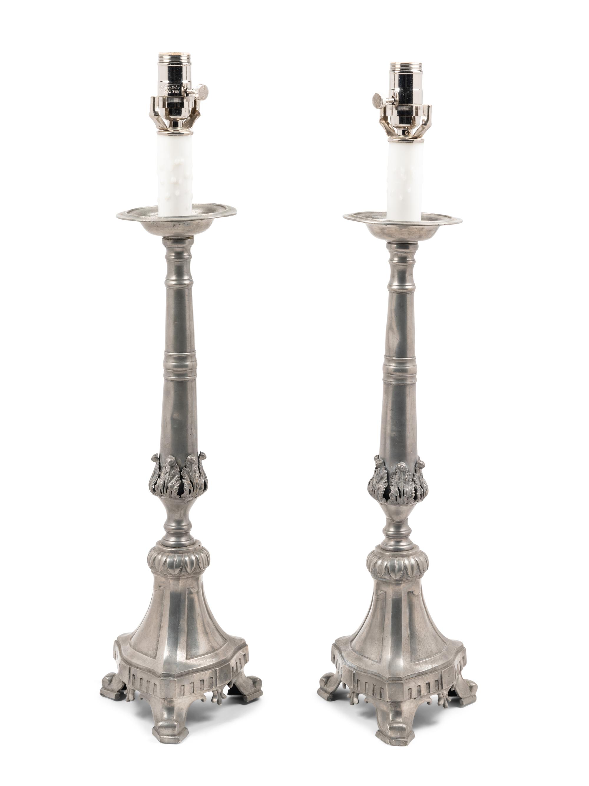 A Pair of Continental Pewter Prickets Mounted as Lamps