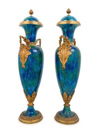 A Pair of Sèvres Style Gilt Bronze Mounted Flambe Glazed Urns