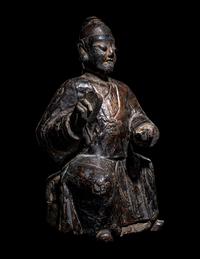 A Chinese Lacquered Wood and Copper Figure of a Daoist Immortal