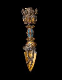 A Tibetan Gilt and Painted Bronze Vajra