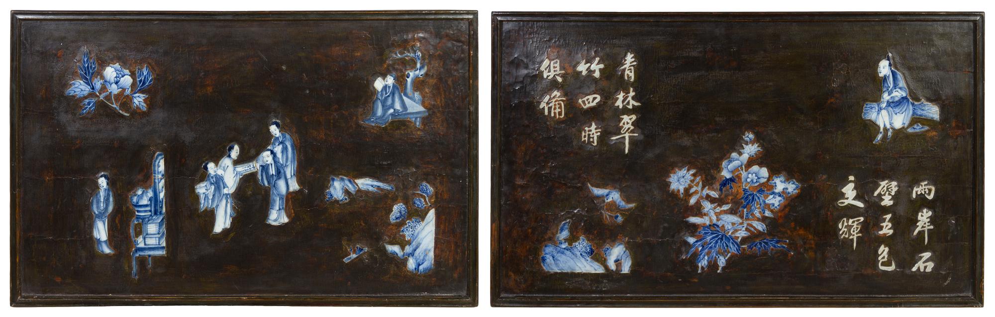 Two Chinese Blue and White Porcelain Inset Lacquered Wood Panels 18TH/19TH CENTURY 19 3/4 x 33 inches. — 18TH/19TH CENTURY