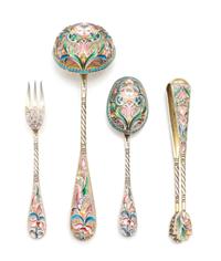 A Group of Russian Enameled Silver Tea Service Flatware, Mark of Maria Semenova, Moscow, Late 19th/Early 20th Century, comprising a tea