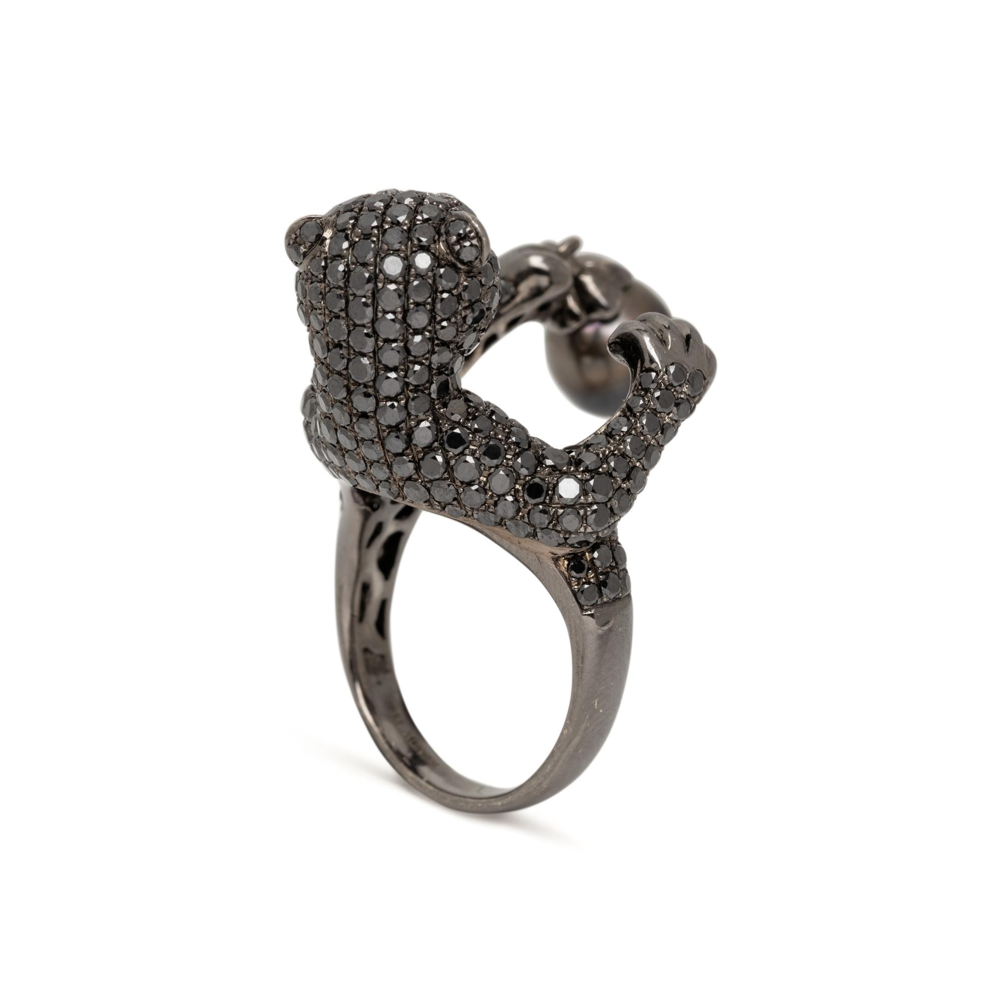 WENDY YUE, DIAMOND, CULTURED PEARL, AND BLACKENED GOLD PANTHER RING