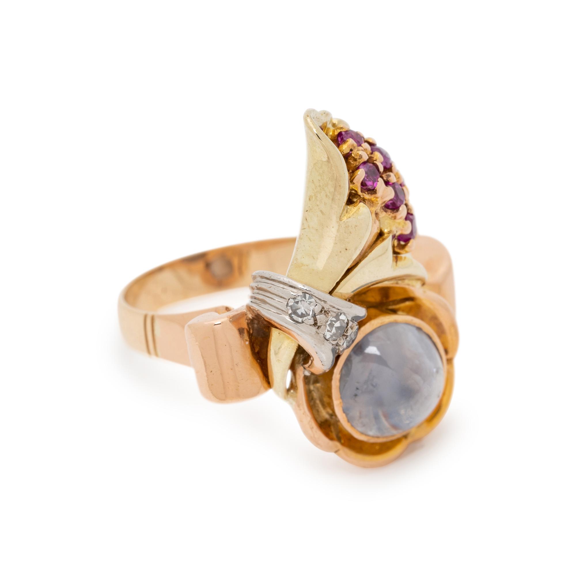 RETRO, TRICOLOR GOLD, STAR SAPPHIRE, RUBY AND DIAMOND RING