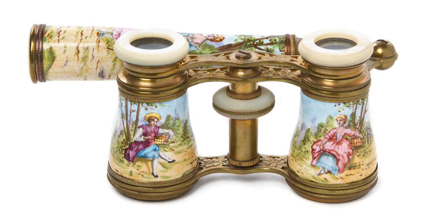 A Pair of French Enameled Opera Glasses, Width 3 7/8 inches.