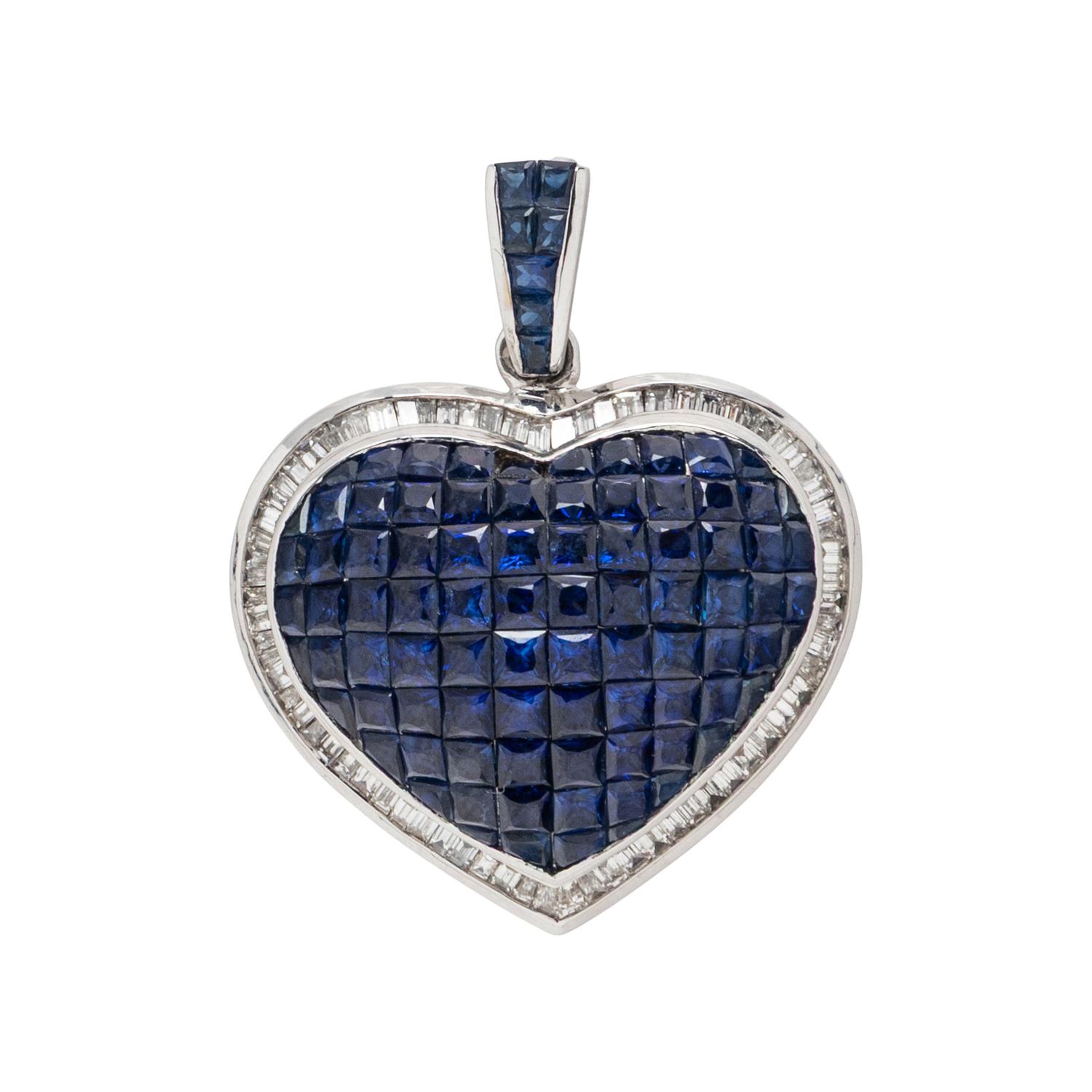 SAPPHIRE, DIAMOND, AND WHITE GOLD HEART PENDANT NECKLACE