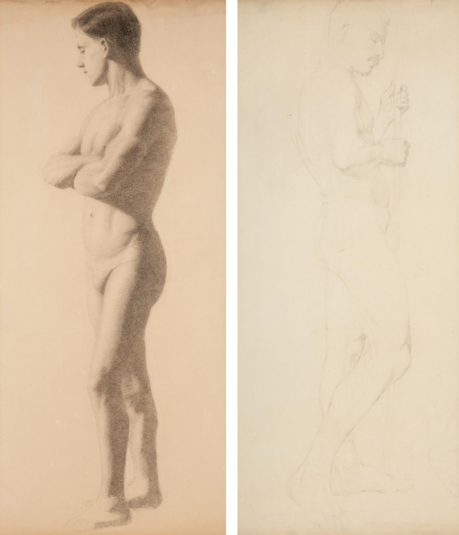 A Pair of French Charcoal Male Figure Studies — 20TH CENTURY