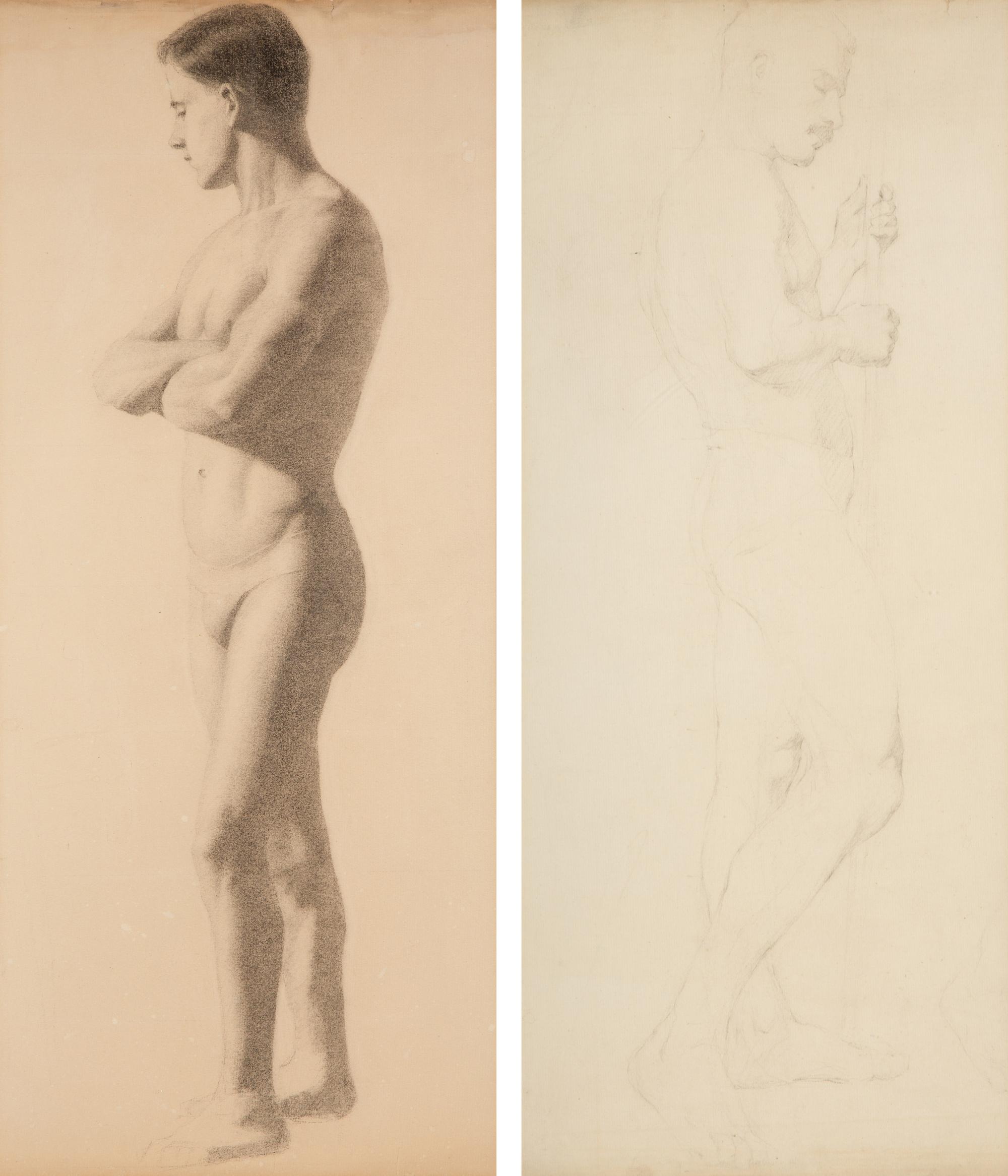 A Pair of French Charcoal Male Figure Studies — 20TH CENTURY