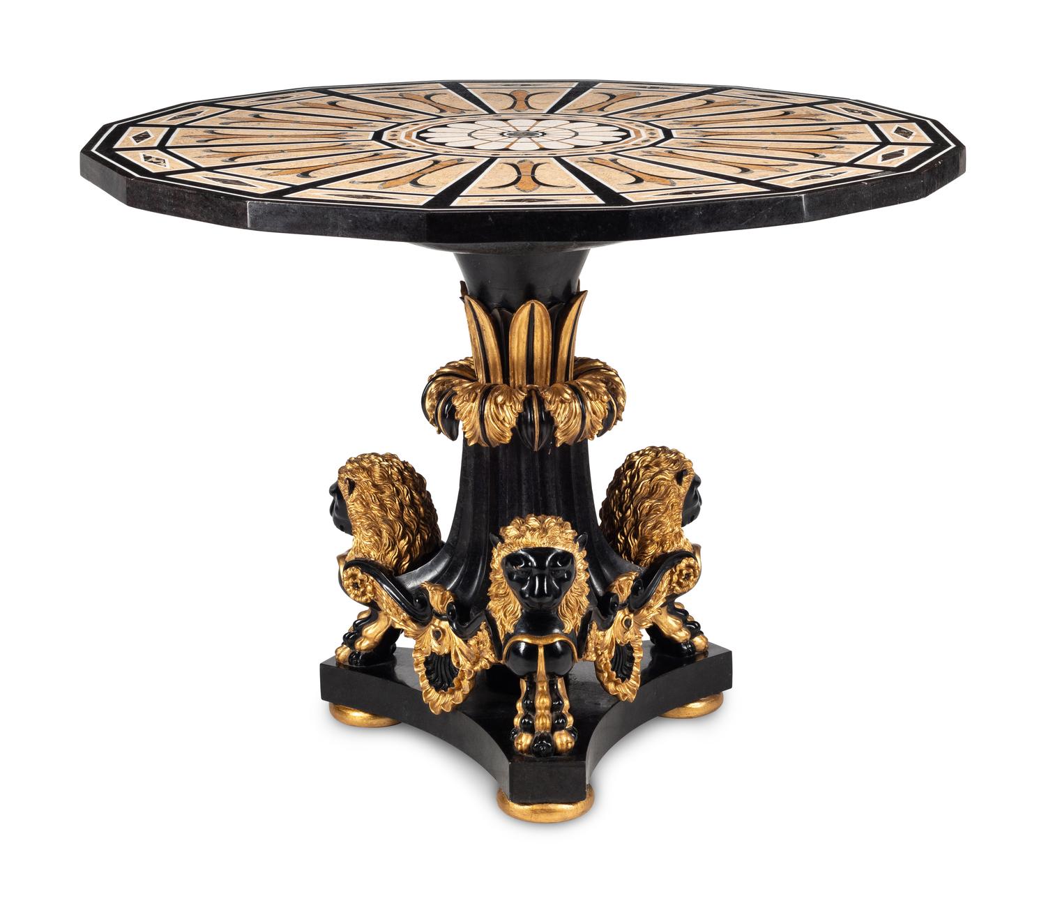 A Continental Black-Painted and Parcel Gilt Inlaid Marble-Top Center Table