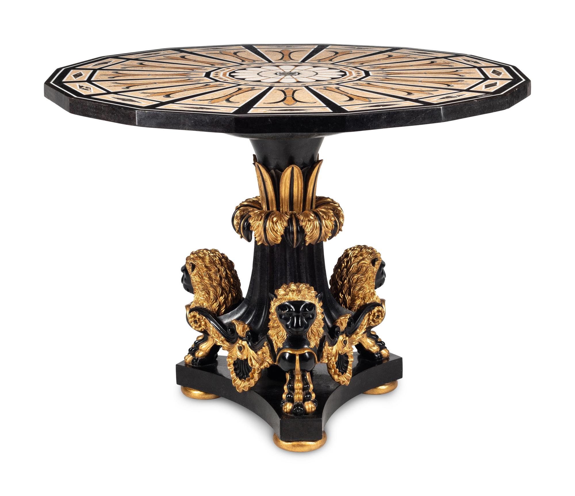 A Continental Black-Painted and Parcel Gilt Inlaid Marble-Top Center Table