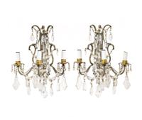 A Pair of Gilt Metal and Cut-Glass Three-Light Wall Sconces