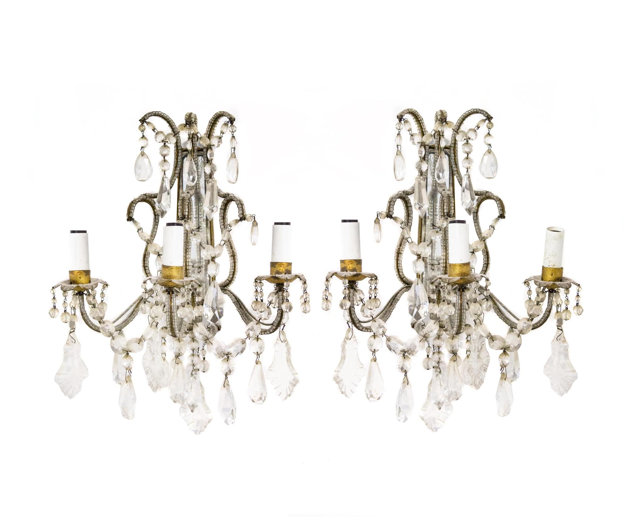 A Pair of Gilt Metal and Cut-Glass Three-Light Wall Sconces