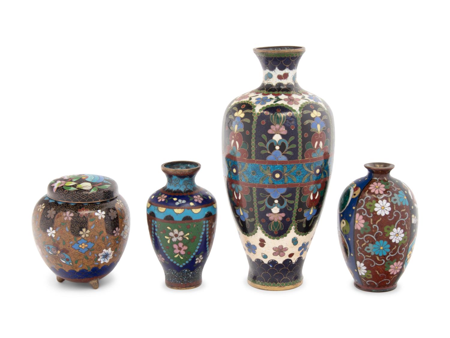 Four Japanese Black Ground Cloisonné Enamel Vessels