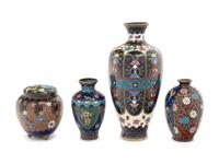 Four Japanese Black Ground Cloisonné Enamel Vessels