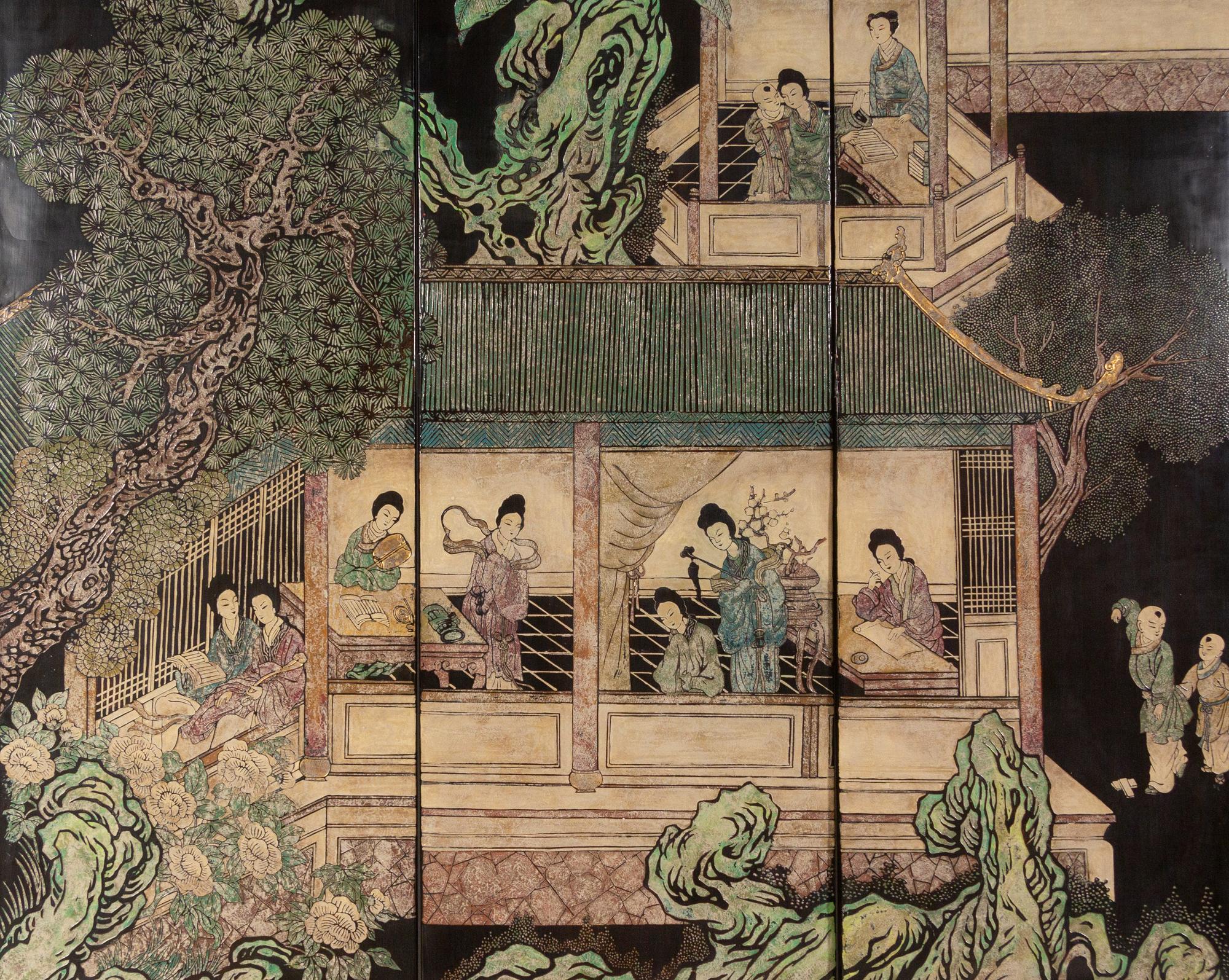 A Twelve-Paneled Coromandel Lacquer Floor Screen