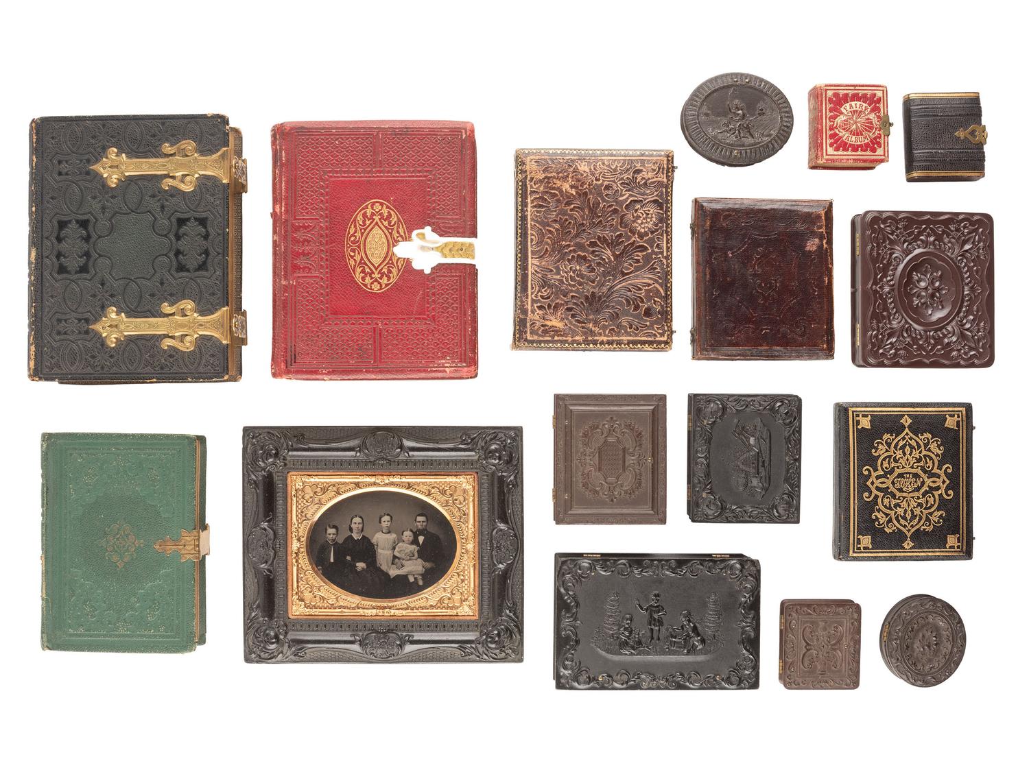 [EARLY PHOTOGRAPHY]. A group of albums, Union cases, wall frames, and other photograph housings.