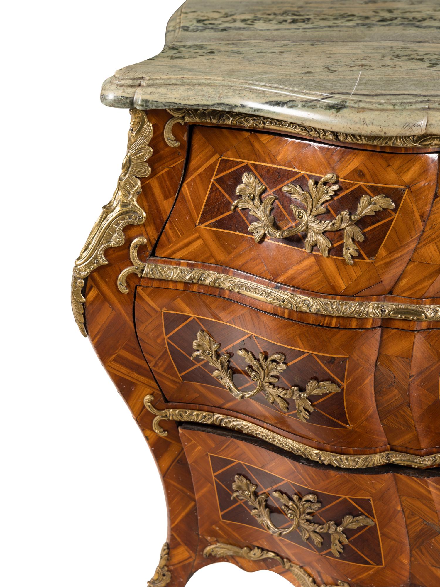 A Swedish Rococo Gilt Bronze Mounted Parquetry Marble-Top Commode