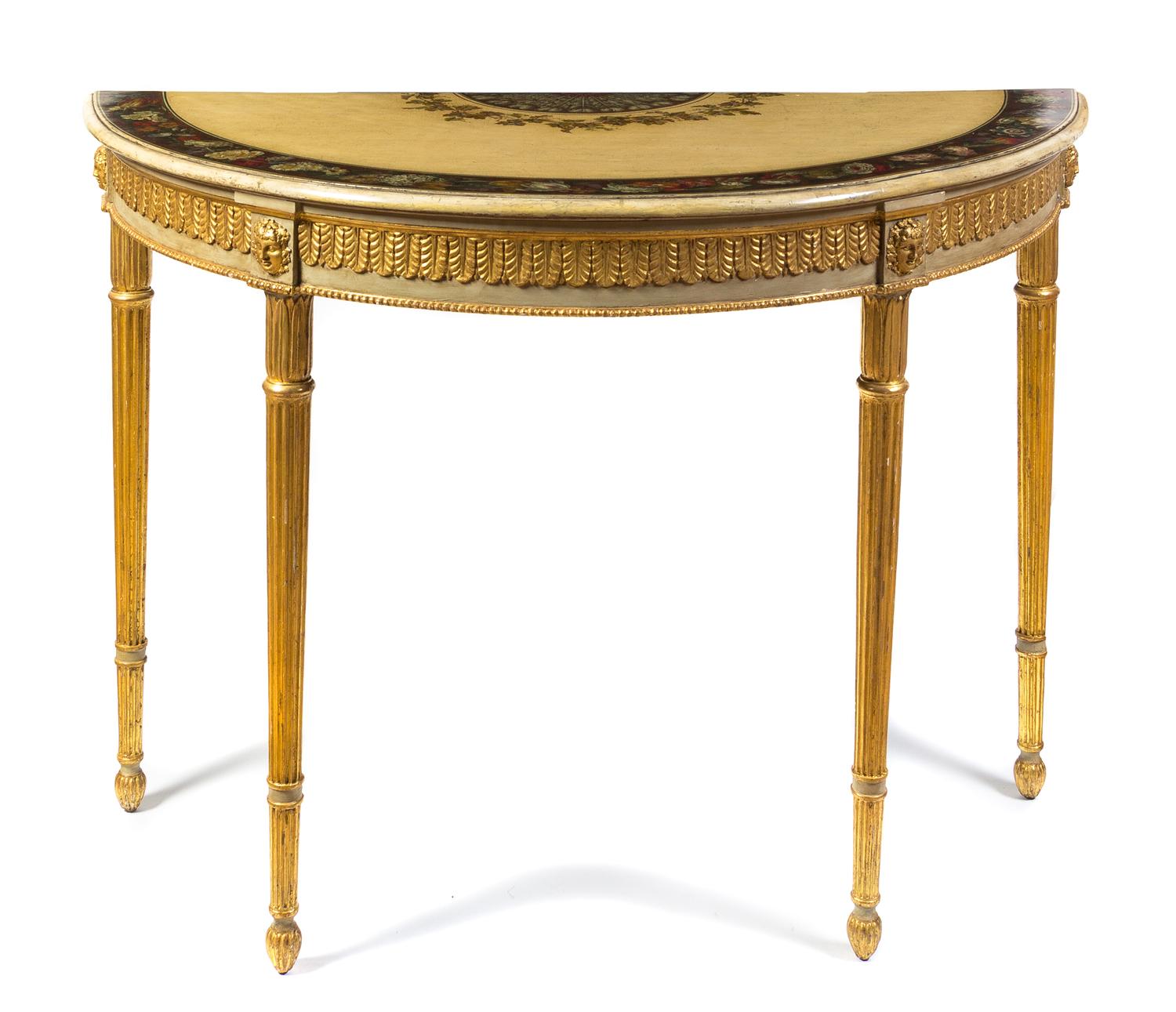 A George III Polychrome and Giltwood Pier Table, LATE 18TH CENTURY, IN THE MANNER OF GEORGE BROOKSHAW, Height 35 1/2 x width 48 x depth — LATE 18TH CENTURY, IN THE MANNER OF GEORGE BROOKSHAW,