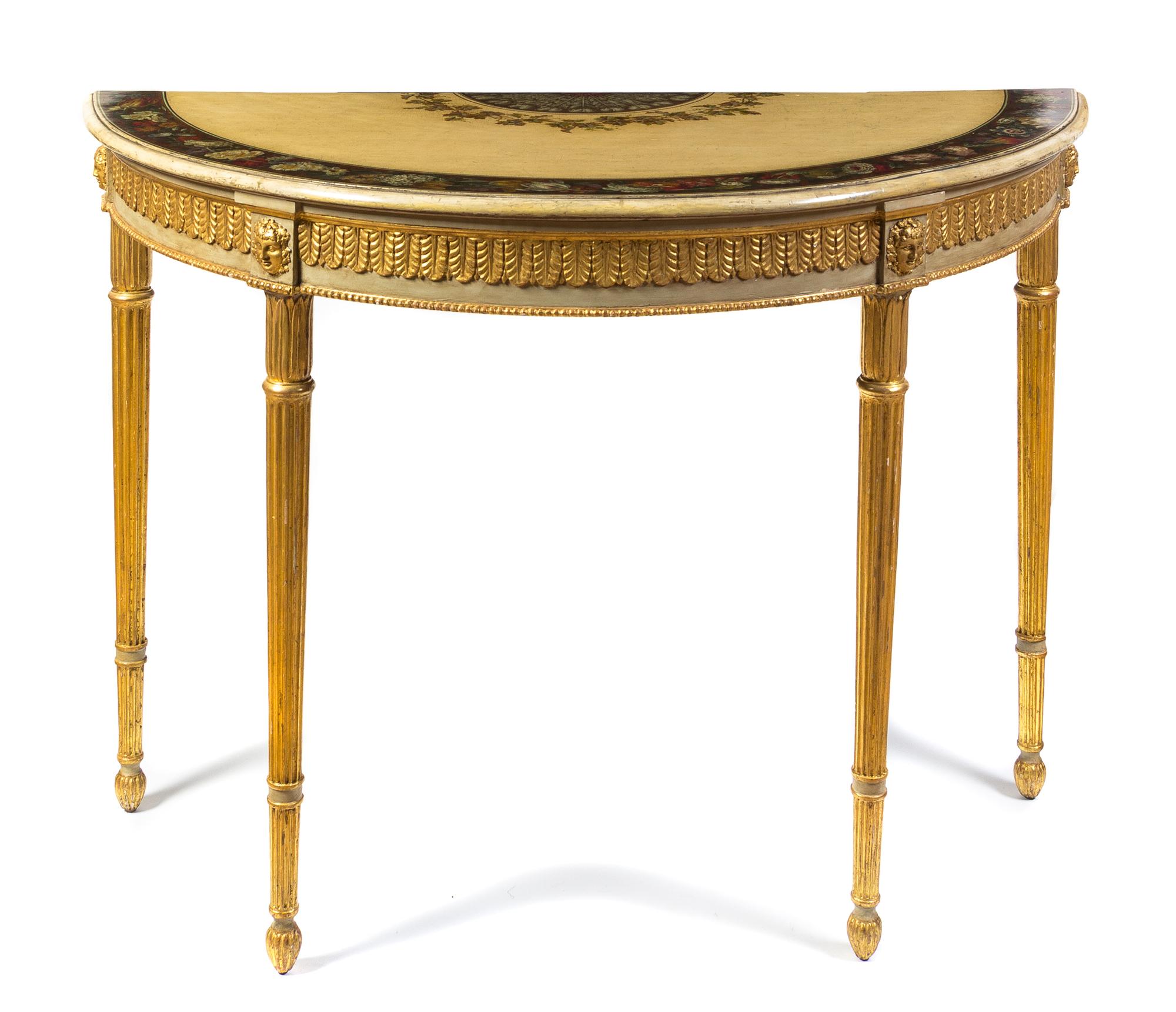 A George III Polychrome and Giltwood Pier Table, LATE 18TH CENTURY, IN THE MANNER OF GEORGE BROOKSHAW, Height 35 1/2 x width 48 x depth — LATE 18TH CENTURY, IN THE MANNER OF GEORGE BROOKSHAW,