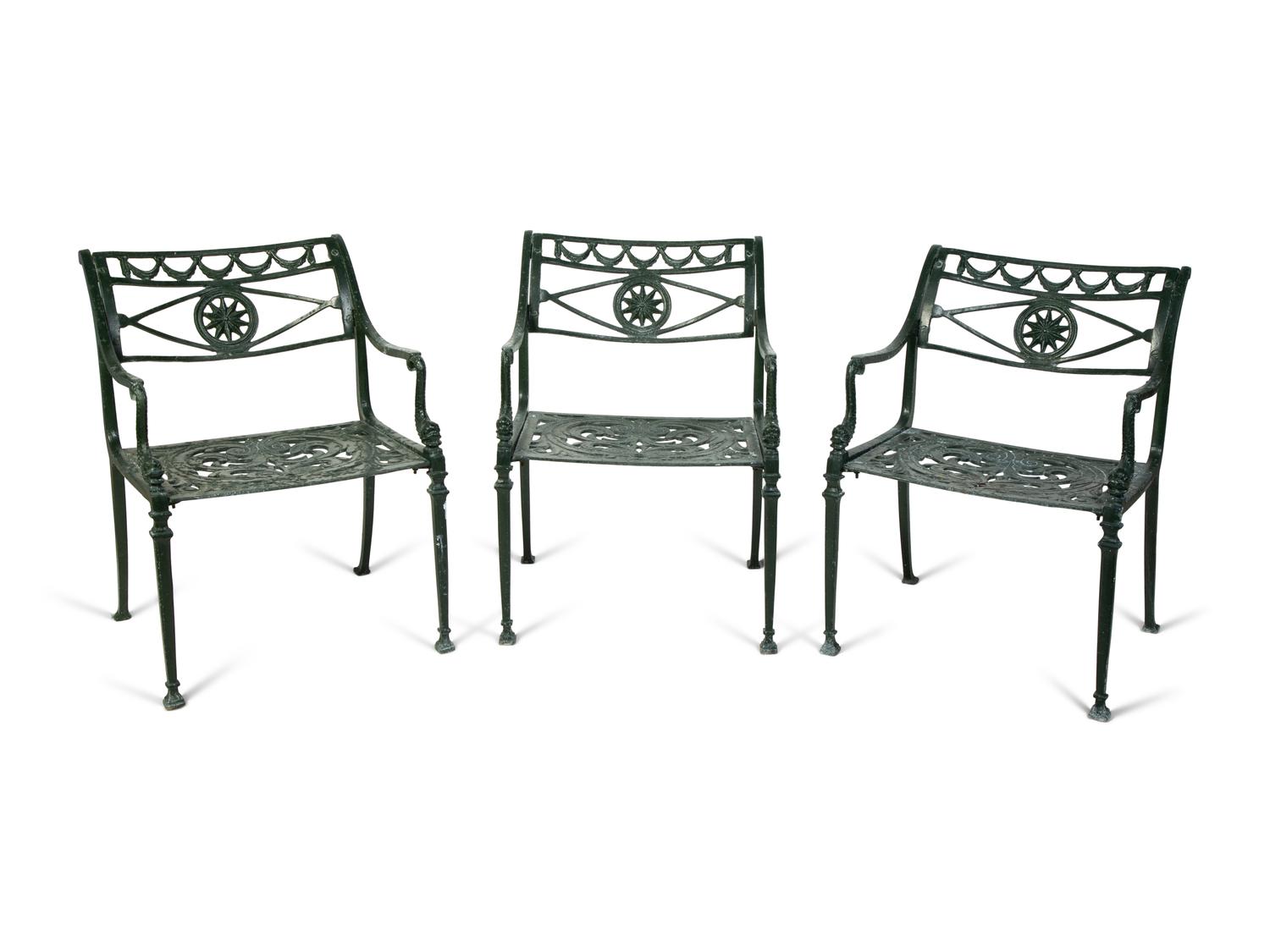 Three English Painted Cast Iron Garden Chairs — 20TH CENTURY