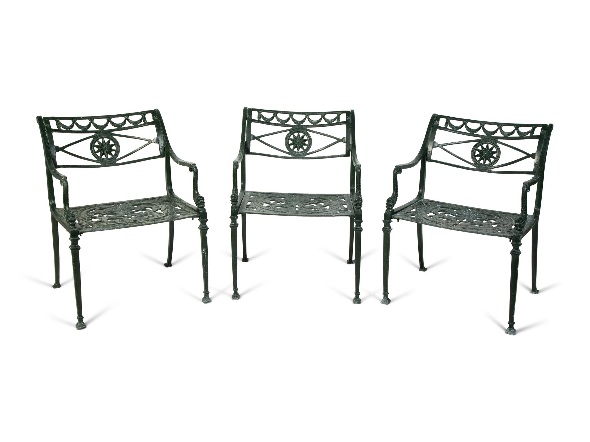 Three English Painted Cast Iron Garden Chairs — 20TH CENTURY