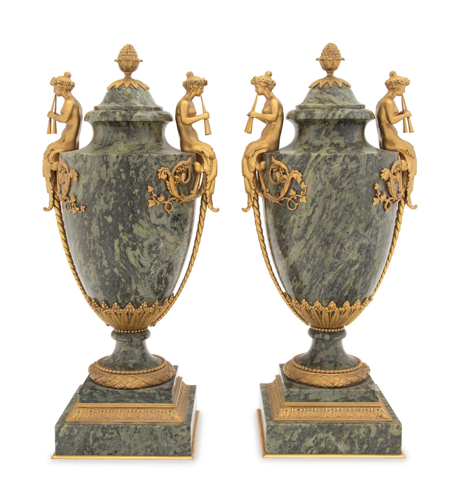 A Pair of French Gilt Bronze Mounted Marble Urns