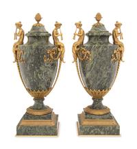 A Pair of French Gilt Bronze Mounted Marble Urns