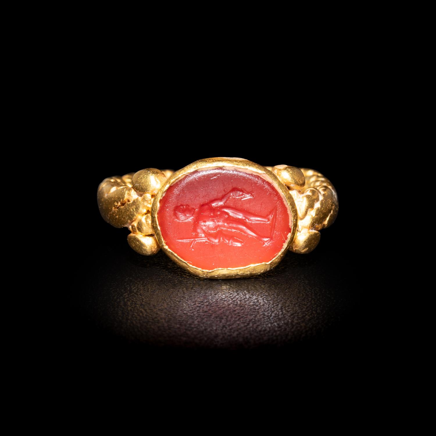 An Italic Carnelian Intaglio with Perseus — Set in a Late Roman gold ring