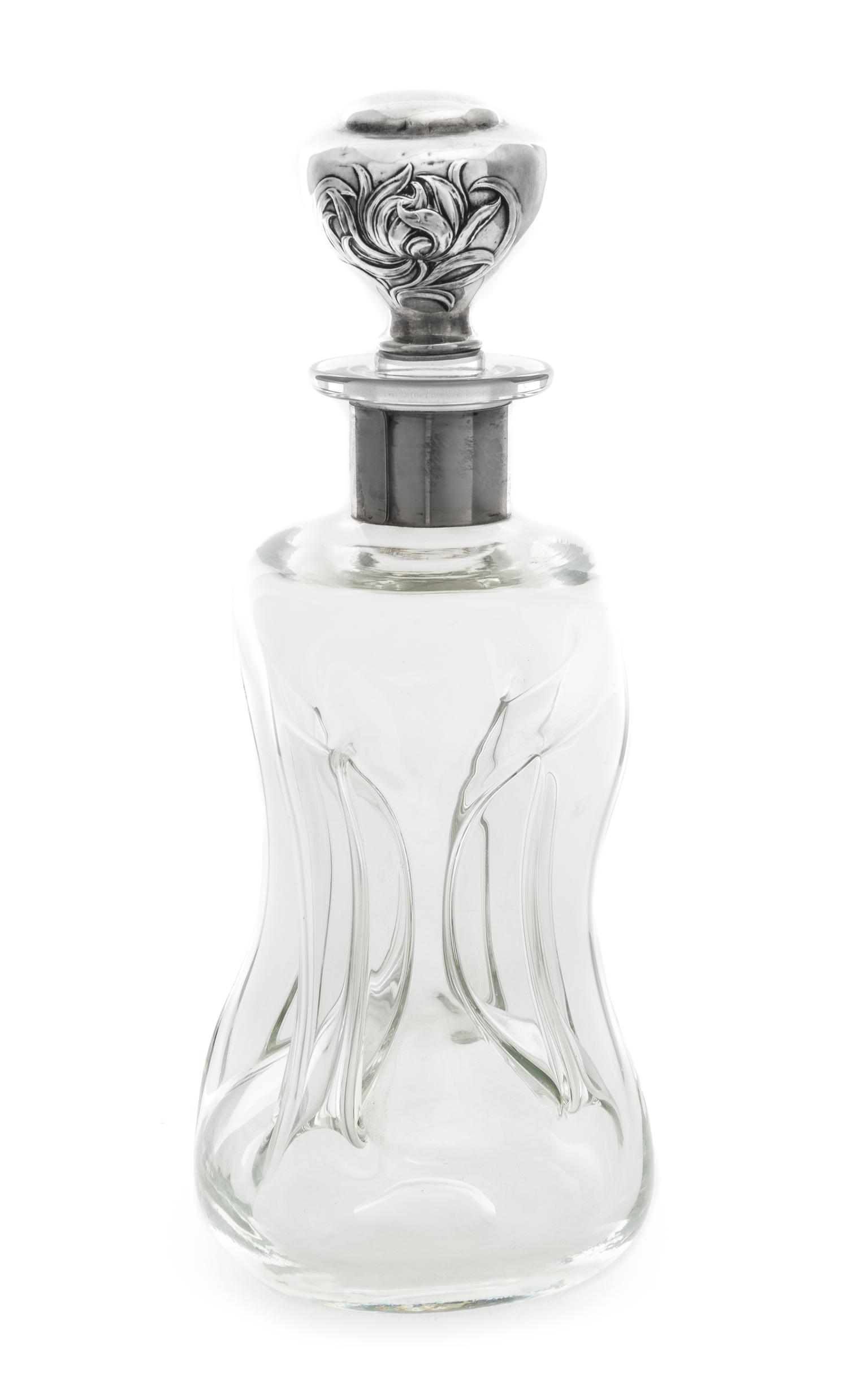 An American Silver-Mounted Liquor Bottle, Gorham Mfg. Co., Providence, RI, the stopper in the Art Nouveau taste over the pinched glass